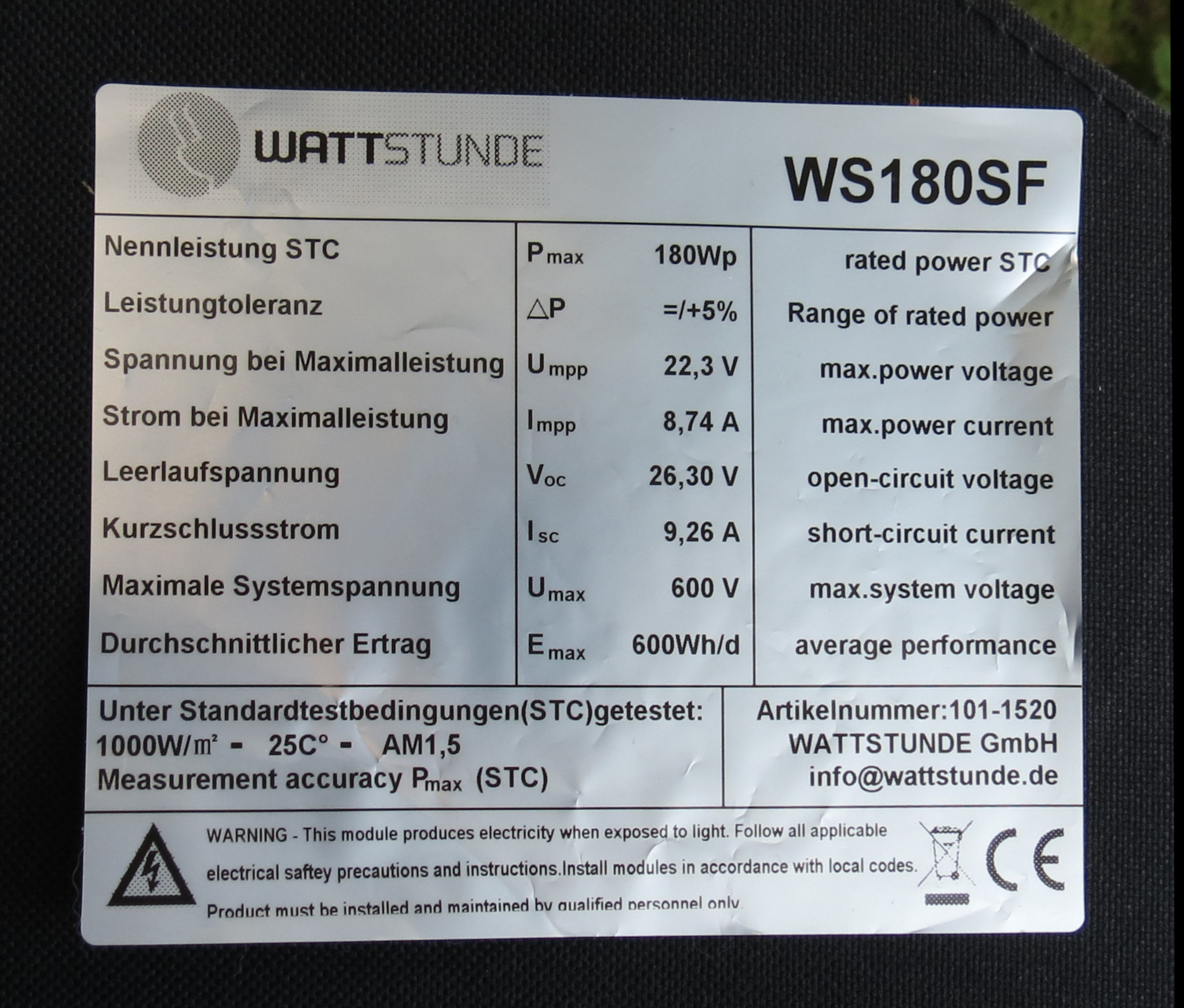 Daten des Wattstunde-Solarpanels WS180SF